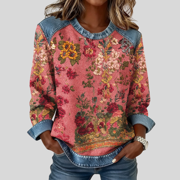 Agostina | Felpa Floreale con Inserti in Denim